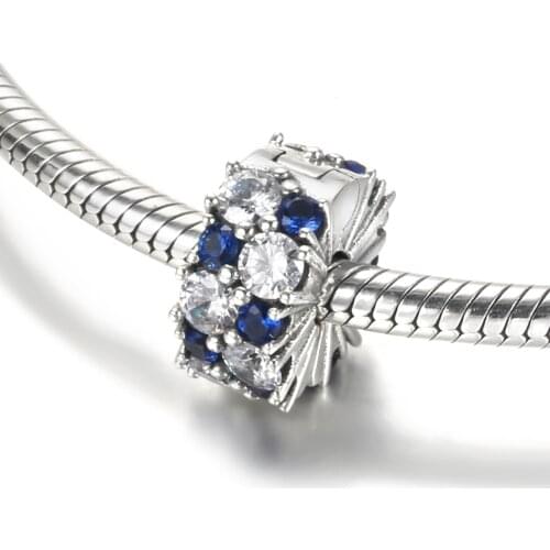 Authentic S925 Silver DIY Jewelry Sparkling Clips Stoppers Charm fit Lady Bracelet Bangle Blue & Clear CZ