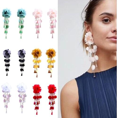 SexeMara Elegant 6 Colors New Fashion Trendy Drop Earrings Fabric Lace Flower Charms Fringed Glass Sequins Long Tassel Earrings
