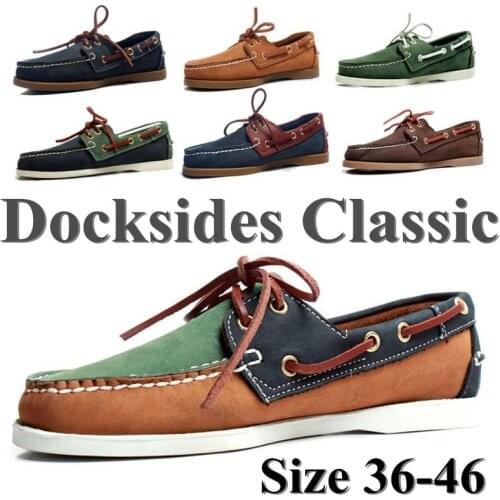Men Genuine Leather Docksides Classic Homme Femme Boat Shoes,Plus Size Navy Blue Brown Black Flats Loafers Women 2019A053