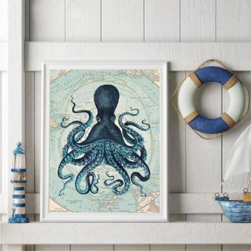 Octopus Tentacles Vintage Poster Prints Nautical Coastal Wall Art Picture Antarctica Map Canvas Painting Home Wall Decor