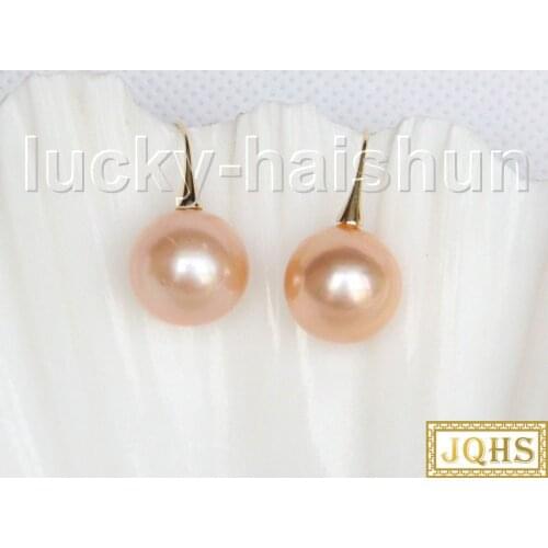 AAA dangle 13mm round pink South Sea pearls Earrings 14KT Solid gold j11590