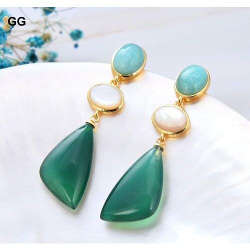GuaiGuai Jewelry Natural Gems Green Agatse Green Peruvian Amazonites White Shell Stud Earrings