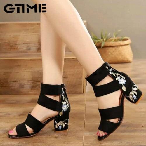 Ethnic Style Embroidered Mid-heel Sandals Women 2020 Summer All-match Thick Heel Elegant Retro Open Toe Embroidered #SJPAE-78