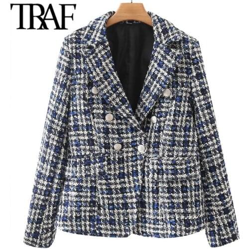 ZHENBAILI 2021 Za Tweed Woolen Long Sleeve Women Casual Blazers Coat Notched Collar Double Breasted Female Plaid Jacket