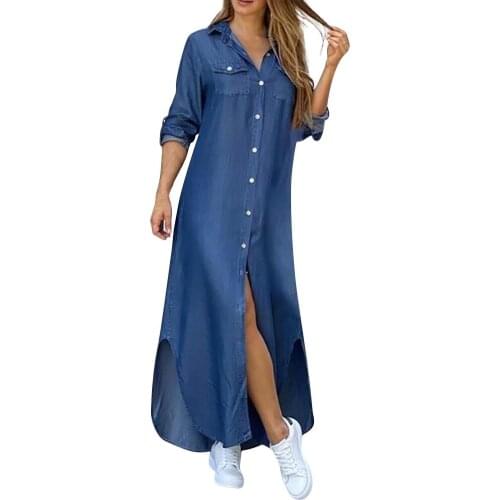 Autumn Long Sleeve Shirt Dress For Women Jeans Denim Pocket Button Shirt Dresses Casual Loose Beach Sundress Split Robe Vestido