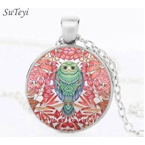SUTEYI Newest Owl On A Branch Necklace Charms Animal Tree Landscape Drawing Glass Necklaces & Pendants For Women DIY Jewelry