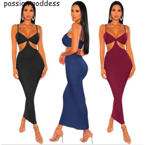 Summer Women Spaghetti Strap Strapless Sheath Black Dress 2021 Ladies Mid-Calf Hollow Out Sexy Bandage Club Party Prom Dresses