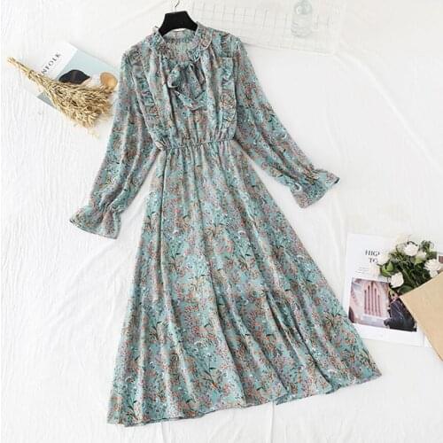 Women Elegant Long Dress 2020 Floral Print Bow Lotus leaf collar Lady Office Dress Vintage Long Sleeve Chiffon Dress Vestidos