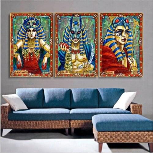 3 pieces handmade painting egyptian gods on oil canvas for living room and home decor and wallpaper