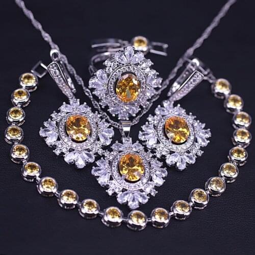Sparking Yellow Cubic Zircon Austrian Crystal Silver Color Jewelry Set For Women Bracelet Ring Earrings Necklace Suit