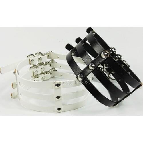 Designed Sexy Women Punk 100% Handcrafted 3 Row Caged Top Frame Choker Real Leather Cut Out Collar Stud Necklace