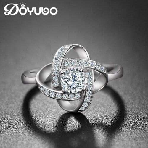DOYUBO Luxury Women Real Silver Flower Cubic Zirconia Wedding Ring Classical Sterling Silver Engagement CZ Ring Jewelry VB277