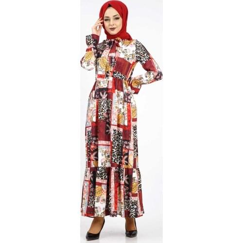 Eteği Volanlı Fularlı Elbise TSD2645 Bordo