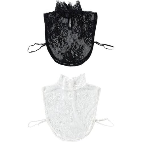 Ladies Decorative Fake Collar Sheer Floral Lace High Neck Ruffles Half-Shirt Top