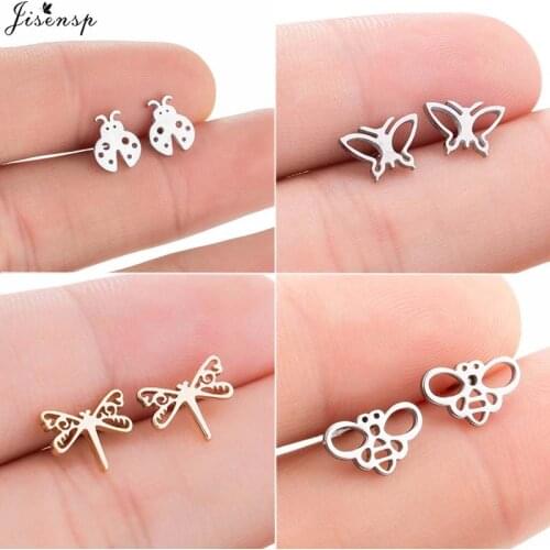 Jisensp New Creative Lovely Ladybug Stainless Steel Earrings Punk Dragonfly Butterfly Bee Insect Stud Earrings Women Party Gift