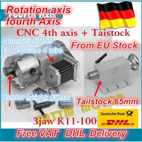 K11-100mm 3 jaw chuck 100mm 4th Axis+Tailstock CNC dividing head Rotation Axis kit for Mini CNC router/ woodworking engraving