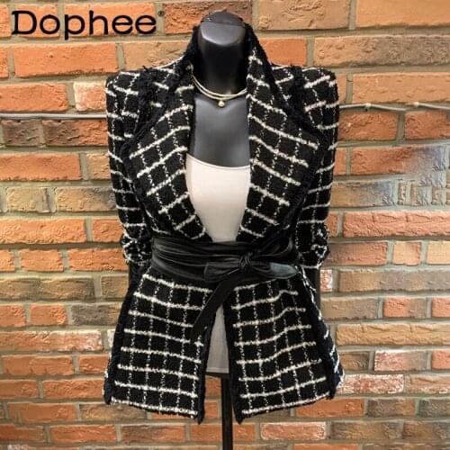 Autumn and Winter New Woolen Jacket Women Fashion Long Sleeve Tweed Plaid Suit Temperament Waist Bandage Black Clip Cotton Coats