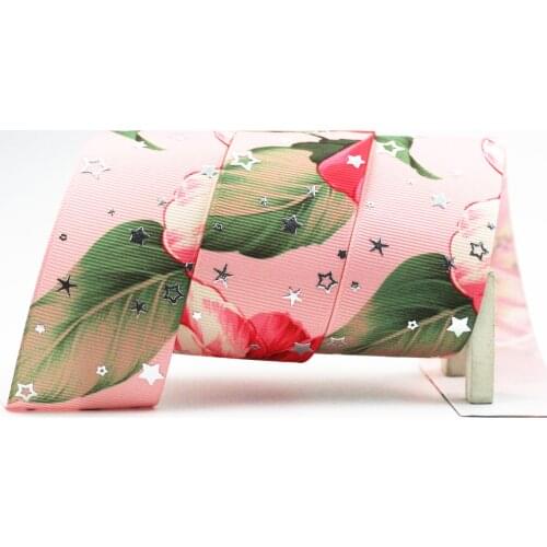 22-75mm silver foil flower printed glowing star ribbon 10/25/50 yards DIY Handmade Gift Packing Wedding Decoration ribbons