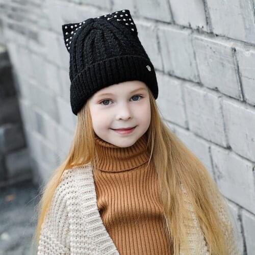 MingJieBiHuo New fashion Dome curling cat ears hot pearl knit hat Girls cute cotton thick casual soild hat