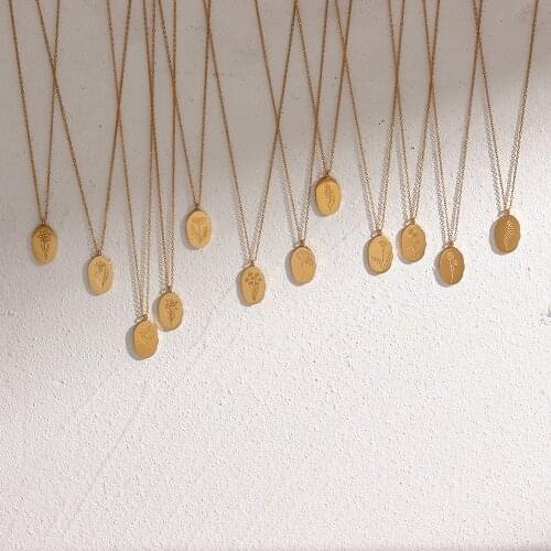 2021 Trendy Thin O Chain Oval Month Flower Pendent Stainless Steel Gold Plated Waterproof Tarnish Free Necklace Gifts For Woemn
