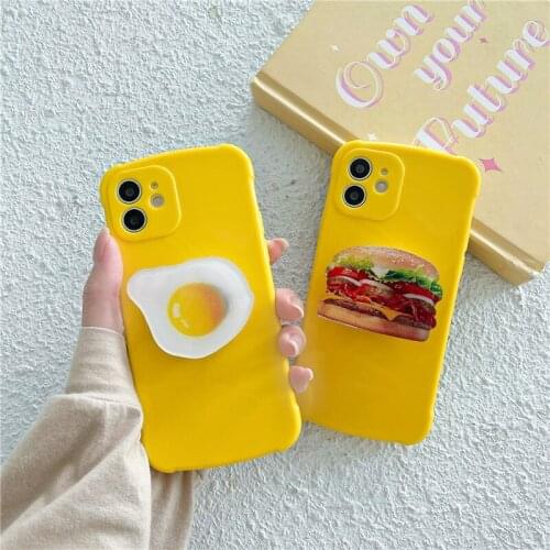 Cartoon Egg Food Holder Stand Soft Phone Case for Iphone 12 11 Pro Max X XR XS 7 8 6 S Plus SE 2020 Cover with Hamburger Bracket