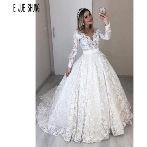 E JUE SHUNG New Long Sleeves Wedding Dresses Sheer O-Neck Bridal Gowns Button Back Ivory Lace Bride Dresses Vestido de Noiva