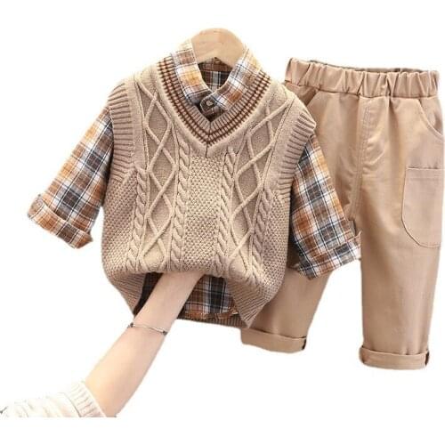 New Spring Autumn Baby Boys Clothes Suit Children Plaid Shirt Vest Pants 3Pcs/Sets Toddler Casual Cotton Costume Kids Tracksuits