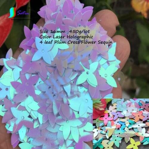 Wholesale Size 16mm Color Laser Holographic 4 leaf Plum Cross Flower Sequin DIY Hand Clothing Stage Background Decorative Sequin