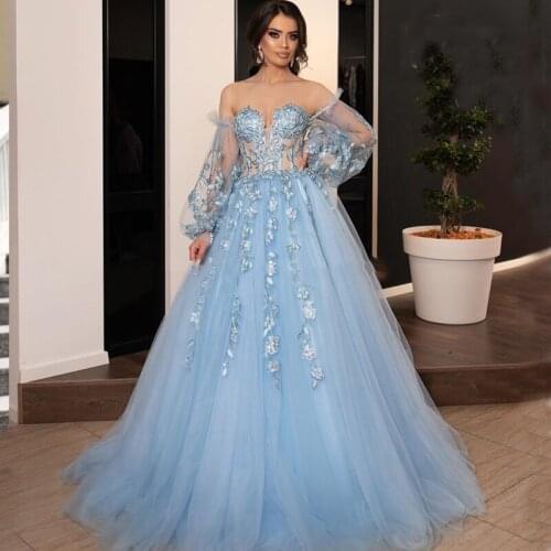 Evening Dress A-Line Off The Shoulder Sky Blue Puffy Sleeves Lace Appliques Evening Dresses Formal Party Gowns robe de soire