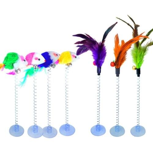 New Cat Interactive Toy with Sucker Spring Feather Plush Mouse Funny Pet Toys