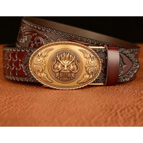 Factory Outlet Fashion Style Genuine Leather Male Belt Dragon Head Designer Buckle Tang Grass Pattern Cowskin Belt Men Waistband