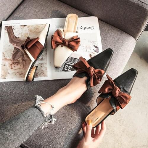 Silk big bow pointy slippers women strange round heels outdoor slides shoes woman summer mules small square toe flipflops size41
