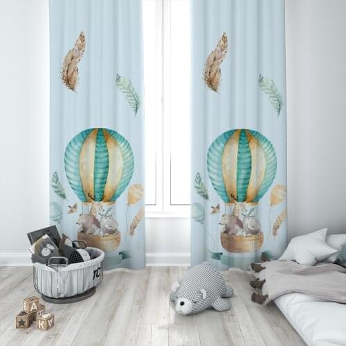 Curtains Children 3D Printed Decorative Items Home Childrens Room Light Blue Bear and Bird Feather Model 128