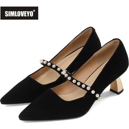 SIMLOVEYO 2021 New Genuine Leather Concise Pumps Pointed Toe Slip On Beading 6cm Strange Heel Shoes Size 33-40 Black Beige A4286