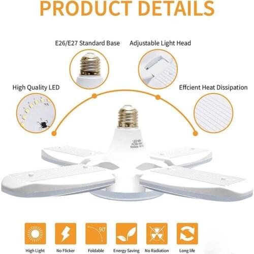 E27 Led Lamp Folding Light Bulb 30/45/55/60W 6500K LED Garage Light Bulb Foldable Fan Blade Lights lighting for Home Factory