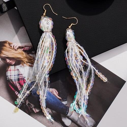 Korean Fashion Super Fairy Temperament Earrings Female Laser Sequins Long Tassel Earrings Womens Jewelry