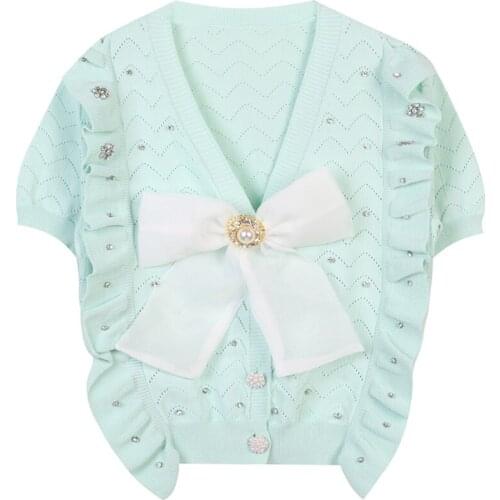 Womens Knitted T-Shirt Cardigan Korean Fashion Handmade Rhinestone Bow Ruffled Short Sleeve Top Sweet Short V-Neck Knit Top