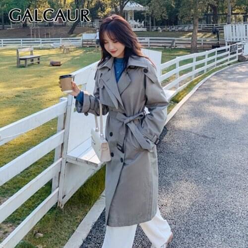 GALCAUR Solid Casual Windbreakers For Women Lapel Long Sleeve Loose High Waist Lace Up A Line Korean Trench Female 2021 Clothing