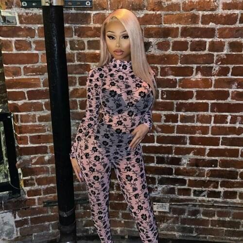 BKLD Mesh See Through Unique Print Sexy Skinny Pink Jumpsuit Full Sleeve High Collar Back Zipper Fashion Romper Women Streetwear