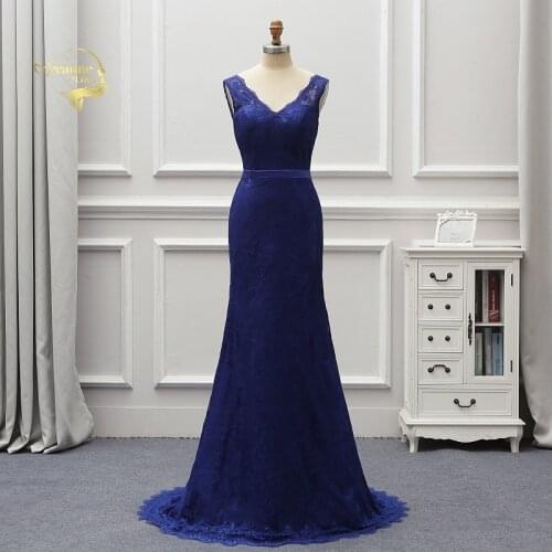 Abendkleider 2020 Royal Blue Long Formal Dresses Lace Evening Dresses Sweep Train Backless Lady Party Gown Robe De Soiree EV016