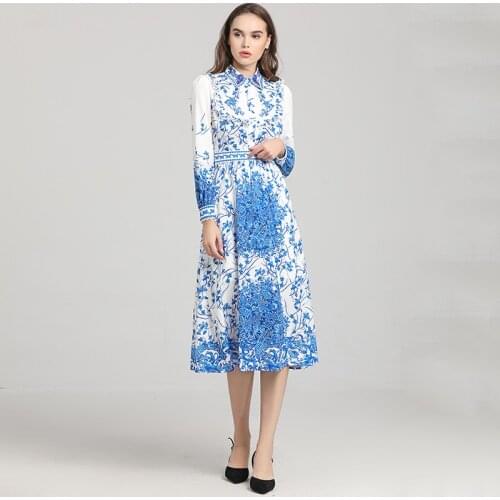 2021 Spring Summer Dress Mid Calf Long Sleeve Empire Lapel Neck Flora Print Fashion Dress Blue