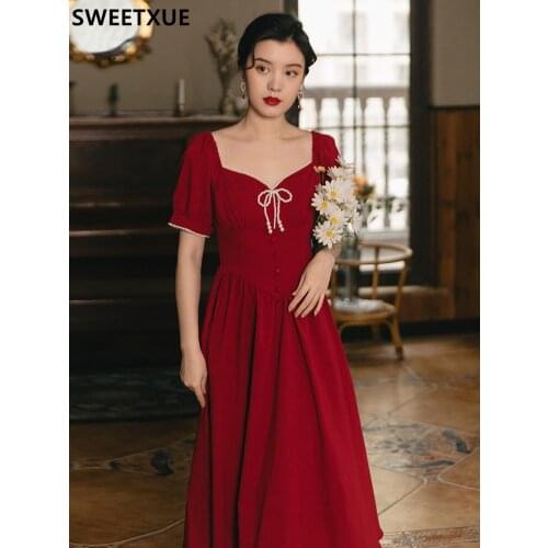 SWEETXUE Summer French Fashion Designer Retro Red Square Collar Dress Temperament Bow Beaded Chic Elegant Femme Robe