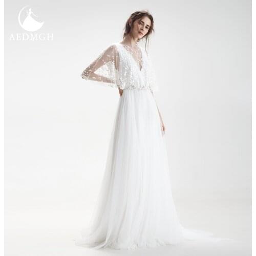 Aedmgh A-Line Boho Wedding Dresses 2021 O-Neck Half Sleeve Tulle Vestido De Novia Beaded Appliques Batwing Sleeve Robe De Marige