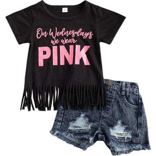 Wallarenear 2Pcs Set 1-6Years Toddler Girl’s Short-sleeved Fashion Letter Print Tassel T-shirt Ripped Denim Pants