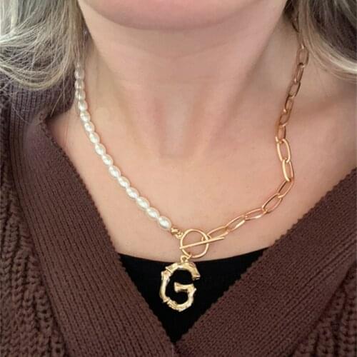 A-Z Alphabet Collier Femme Bamboo Initial Letter Necklaces Gold Chain Pearl Necklace For Women Wedding Gift Kpop Jewelry Choker