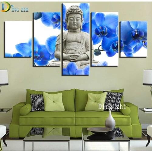 Diamond Embroidery 5 Panel Blue Orchid Buddha Statue Diamond Painting Square Round Drill Mosaic Flower Religion Multi-Module Kit