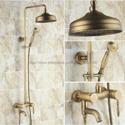 Antique Brass 8" Rainfall Shower Faucet Dual Handle Wall Mount Tub Spout Bath Shower Mixers + Handshower Brs153