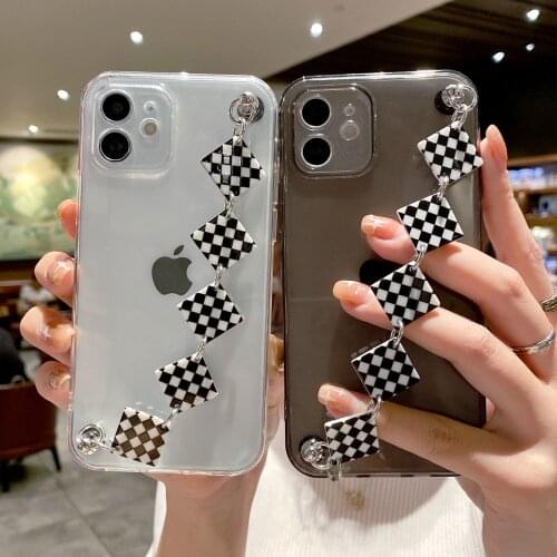 Simple Lattice Bracelet Phone Case For iPhone 12 11 Pro Max XS Max XR X 7 8 6Plus Wrist Chain Transparent Shockproof Back Cover