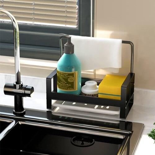 Black Aluminum Alloy Stand Kitchen Sponge Detergen Holder Soap Liquid Storage Rack Rag Hanging Tools Organizer Containers Shelf