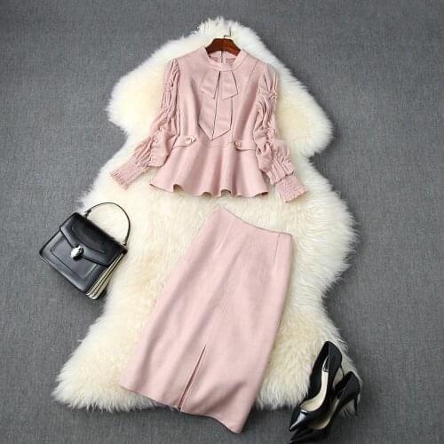 Designer Women Autumn Fashion Set Solid Pink Blue Bow Lantern Sleeve Ruffles Jacket +Short Split Skirts 2 Pieces Suits
